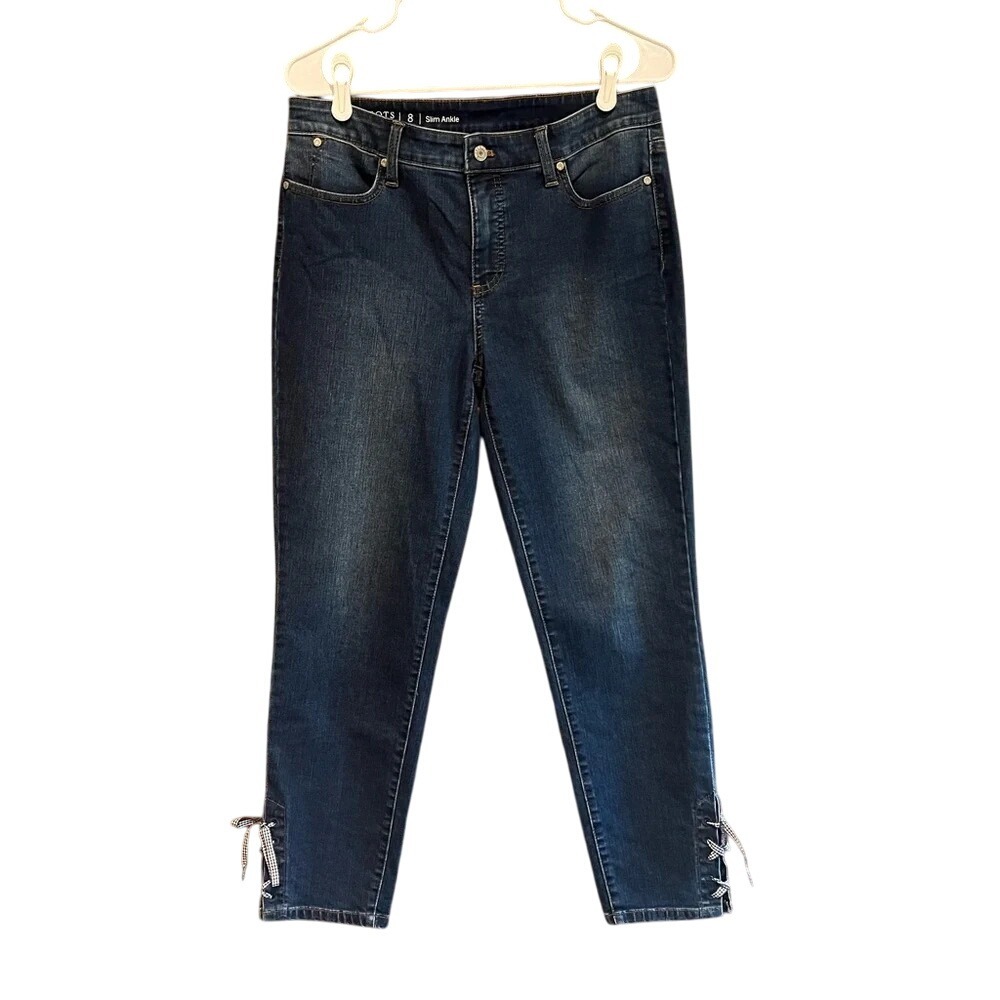 Talbots Flawless Slim Ankle Jeans Dark Wash Womens Size 8 Lace‎ Up Bow Detail